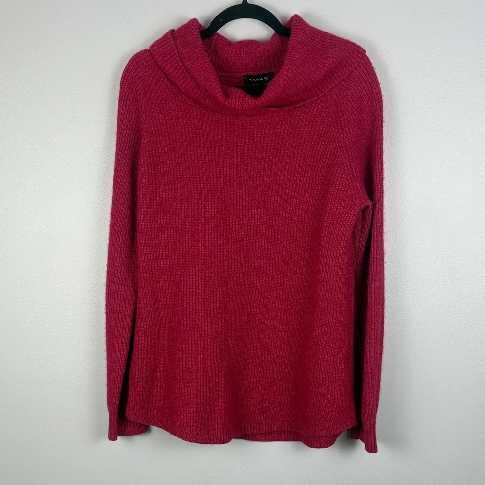 Tahari Merino Wool Cotton Blend Hot Pink Cowl Neck Long Sleeve Knit Sweater - Picture 2 of 9